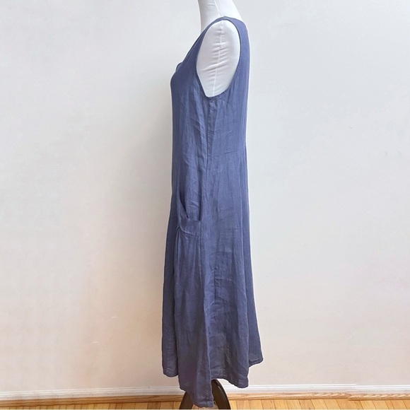 Lands Downunder Womens Medium Blue Linen Market Parachute Sack Midi Pocket Dress - Picture 4 of 8